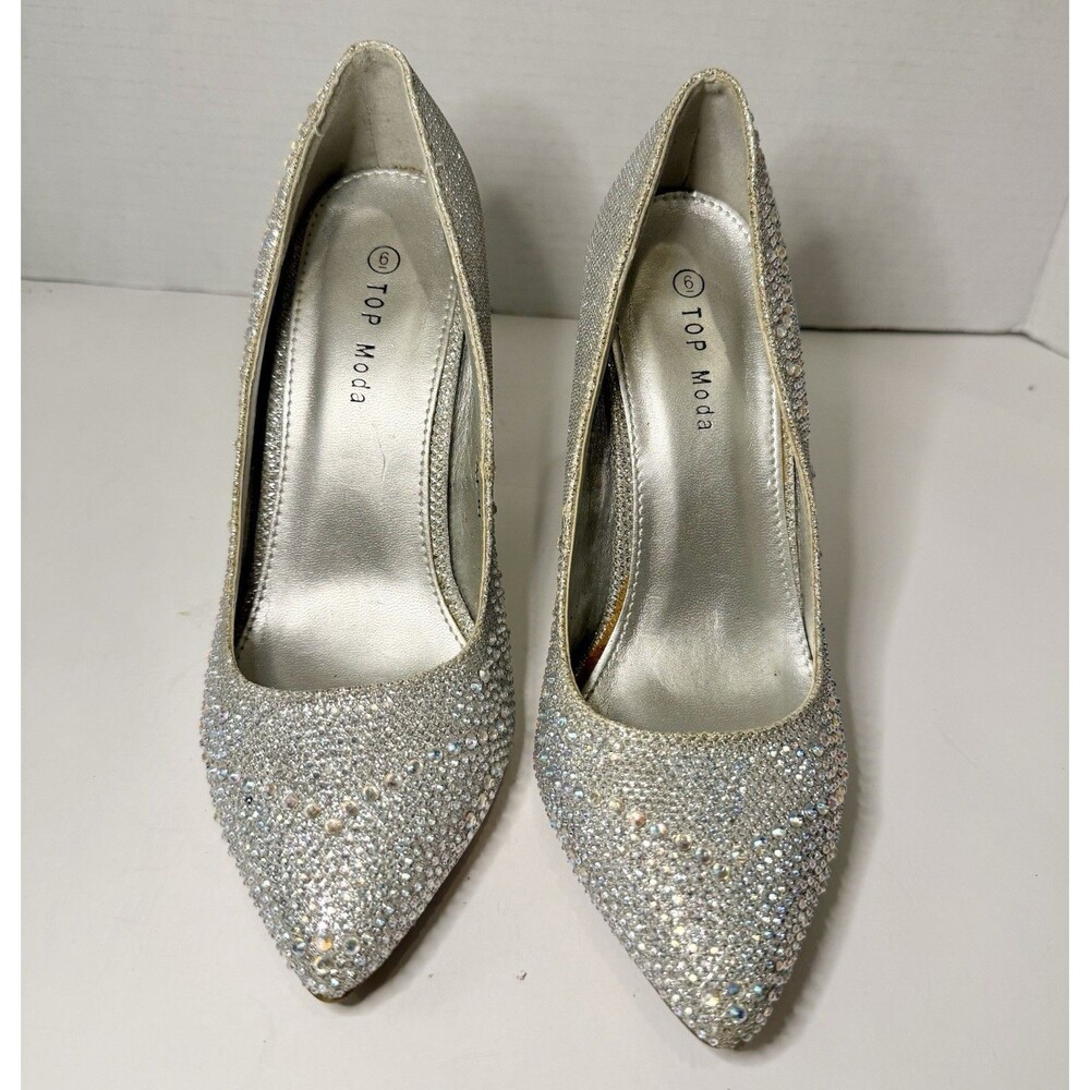 Silver Rhinestone Pointed Toe Stiletto Heels Bridal Wedding Glam US 6 Top Moda